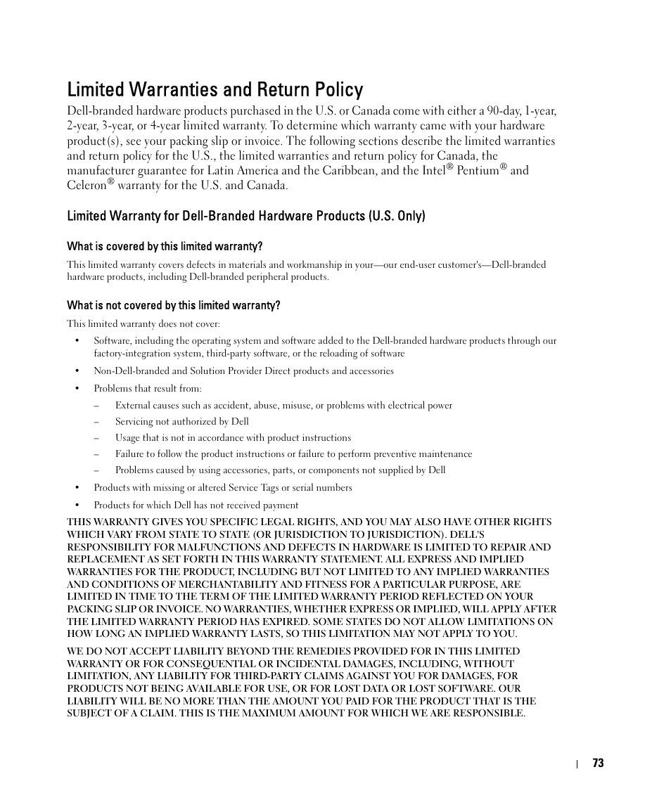 Limited warranties and return policy | Dell 2161DS User Manual | Page 73 / 86