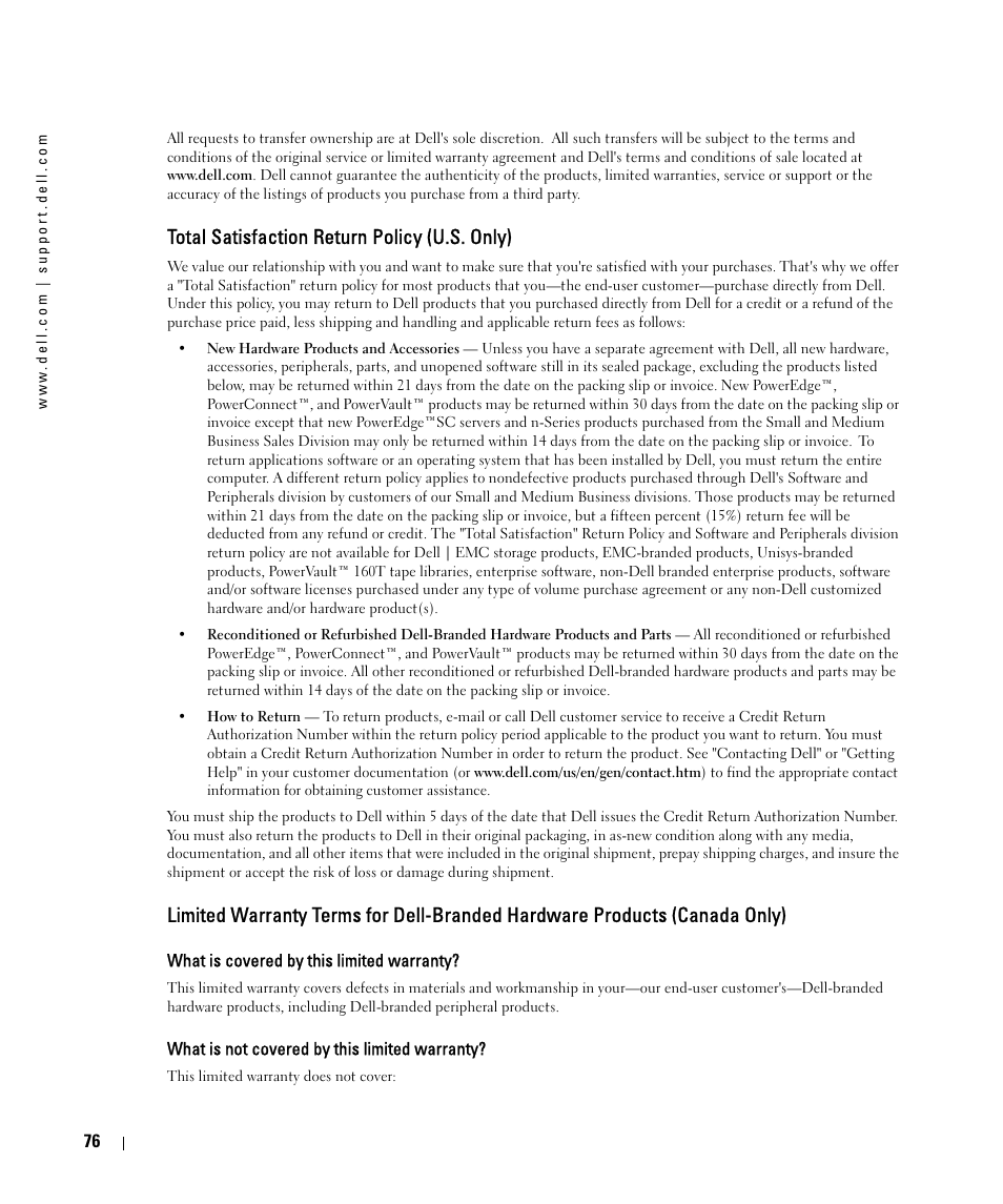 Total satisfaction return policy (u.s. only) | Dell 2161DS User Manual | Page 76 / 86