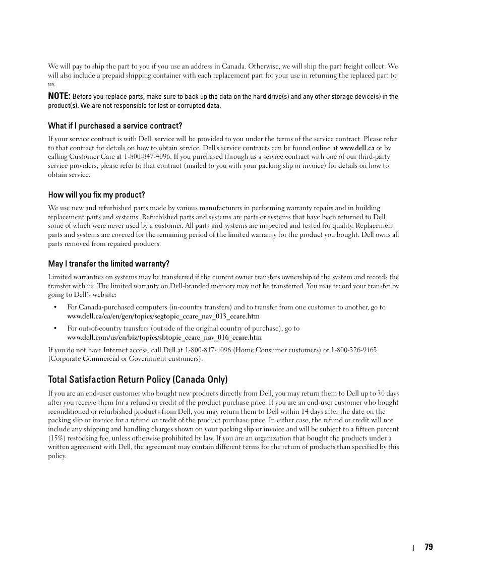 Total satisfaction return policy (canada only) | Dell 2161DS User Manual | Page 79 / 86