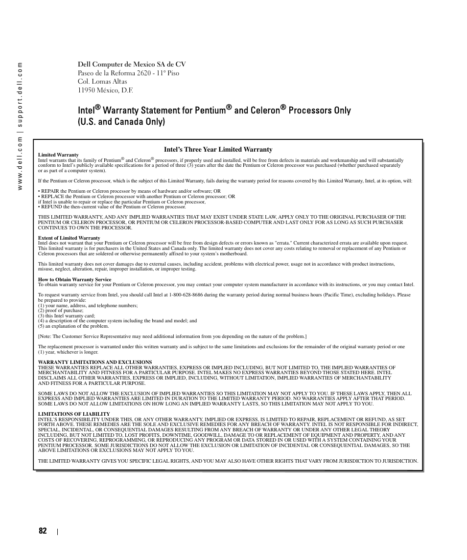 Intel, Warranty statement for pentium, And celeron | Processors only (u.s. and canada only) | Dell 2161DS User Manual | Page 82 / 86