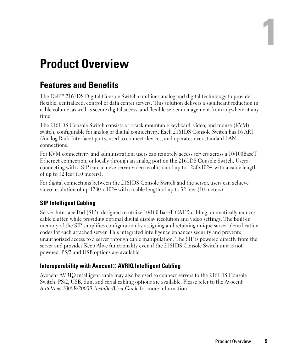 Product overview, Features and benefits, Sip intelligent cabling | 1 product overview | Dell 2161DS User Manual | Page 9 / 86