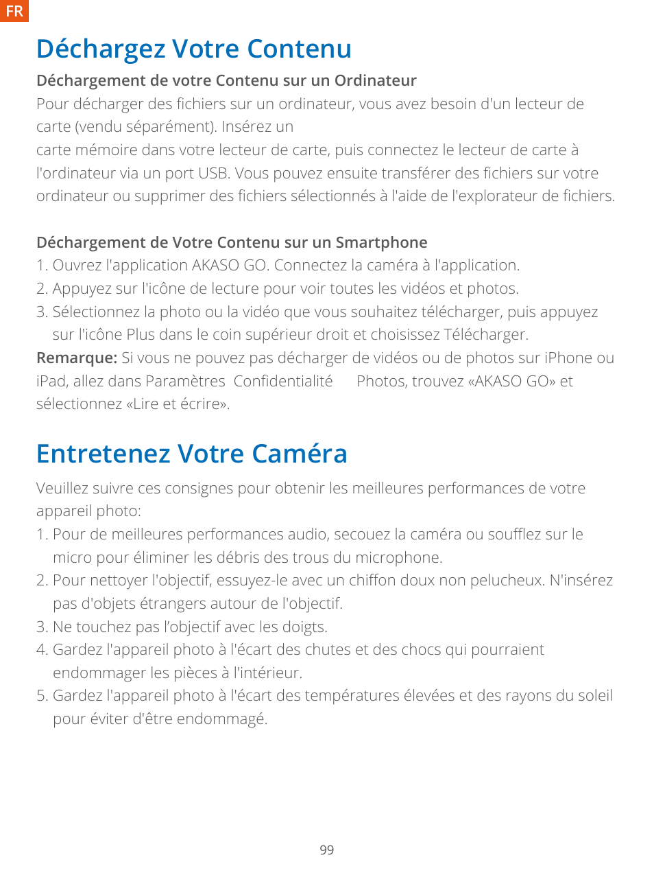 Déchargez votre contenu, Entretenez votre caméra | AKASO Brave 7 Action Camera User Manual | Page 101 / 159