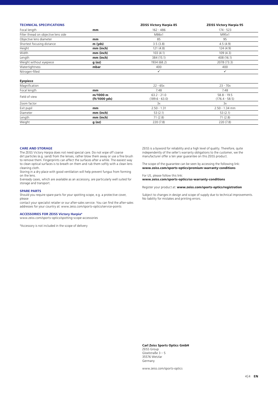 Carl Zeiss Victory Harpia 85 Spotting Scope (Angled Viewing, Requires Eyepiece) User Manual | Page 9 / 9