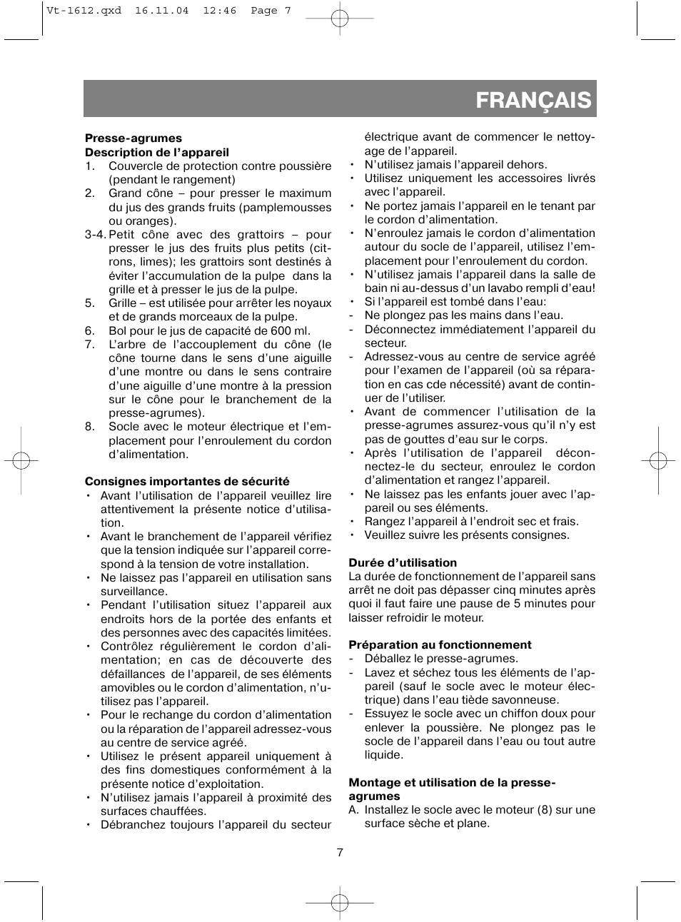 Français | Vitek VT-1612 W User Manual | Page 10 / 32