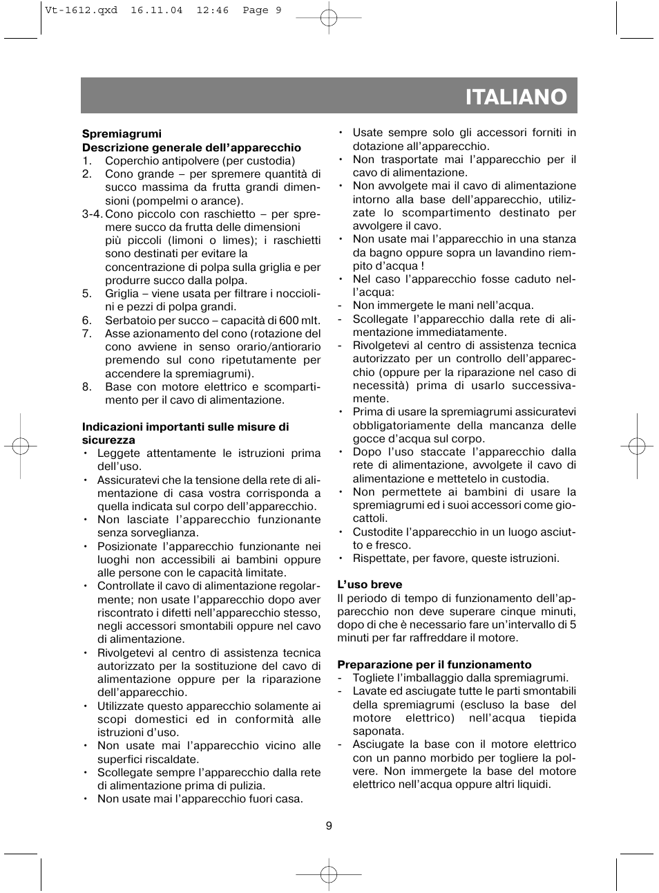 Italiano | Vitek VT-1612 W User Manual | Page 12 / 32