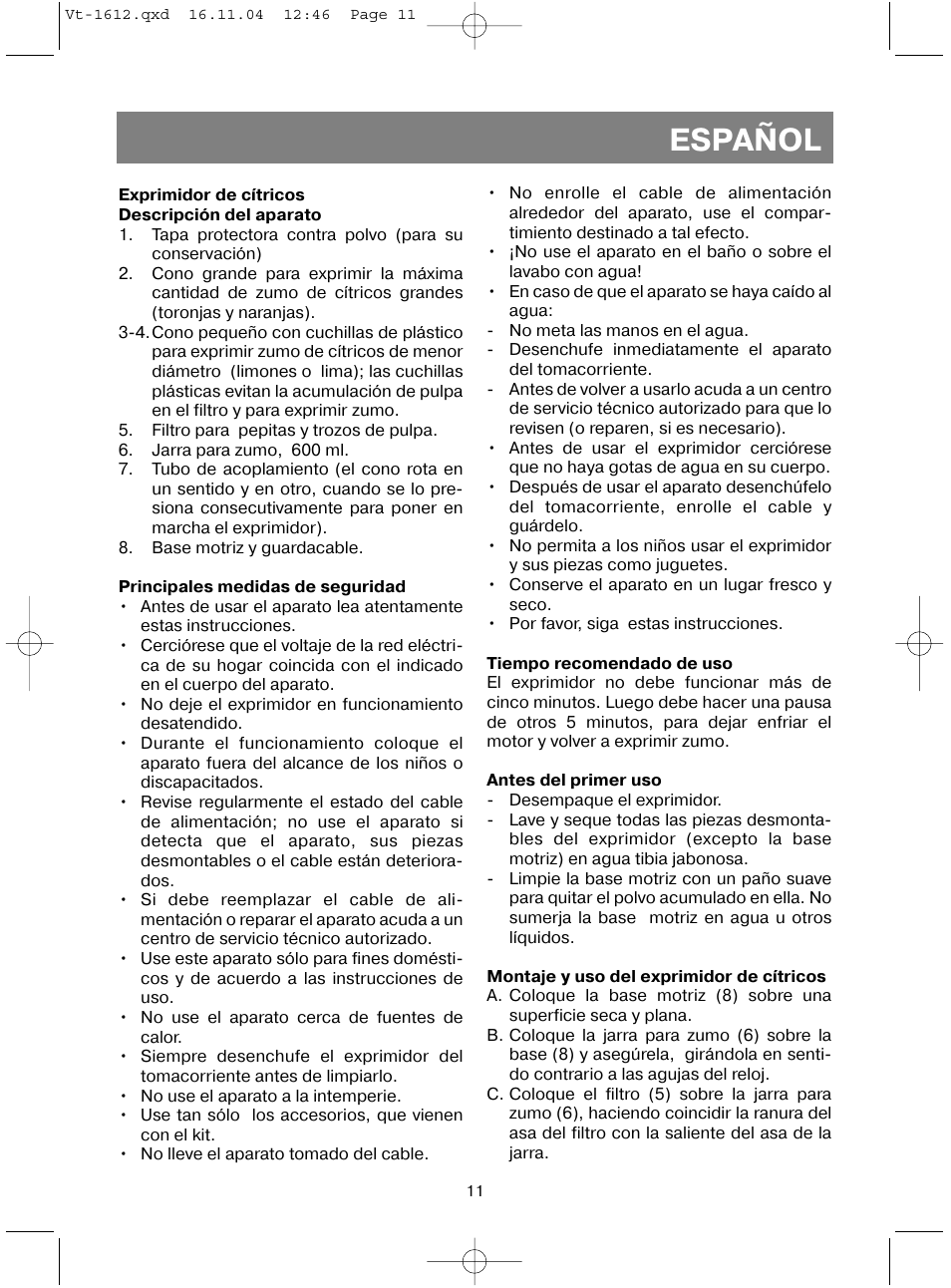 Español | Vitek VT-1612 W User Manual | Page 14 / 32