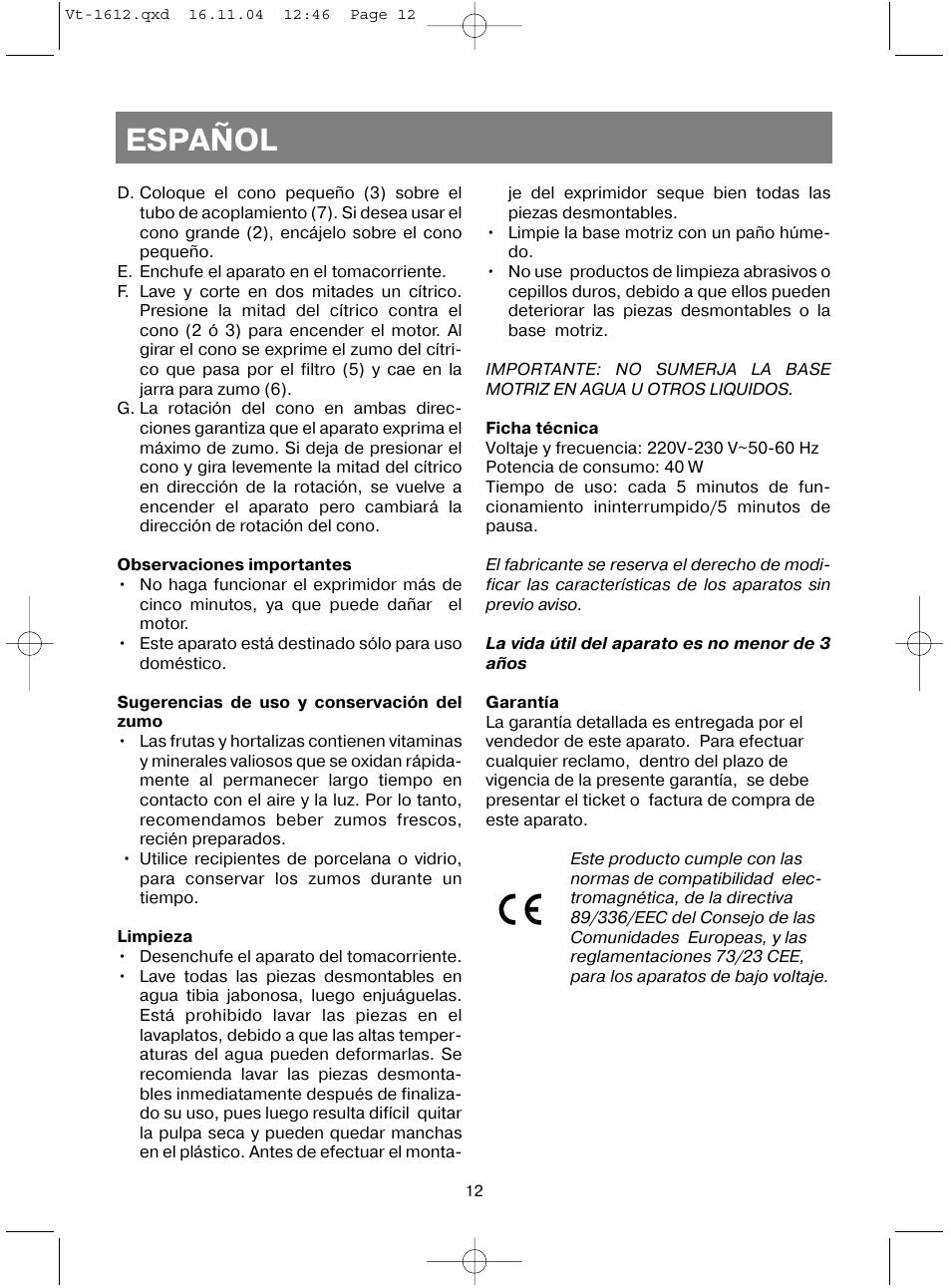 Español | Vitek VT-1612 W User Manual | Page 15 / 32