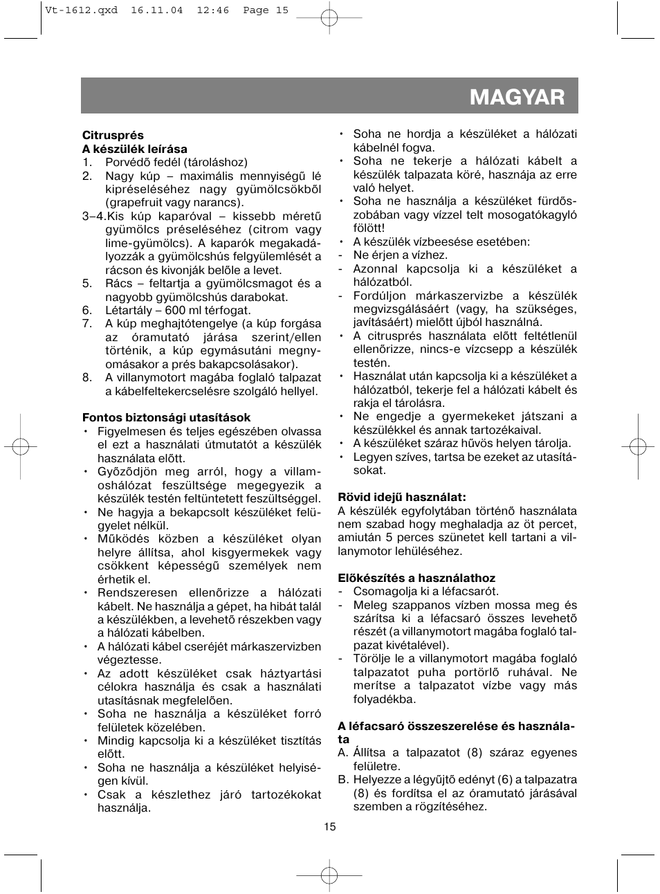 Magyar | Vitek VT-1612 W User Manual | Page 18 / 32
