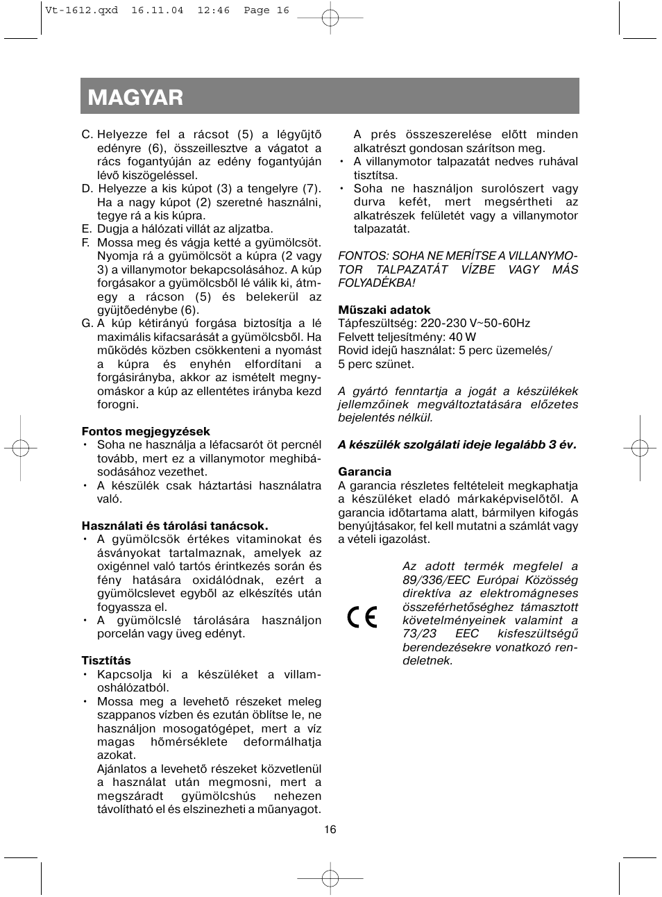 Magyar | Vitek VT-1612 W User Manual | Page 19 / 32