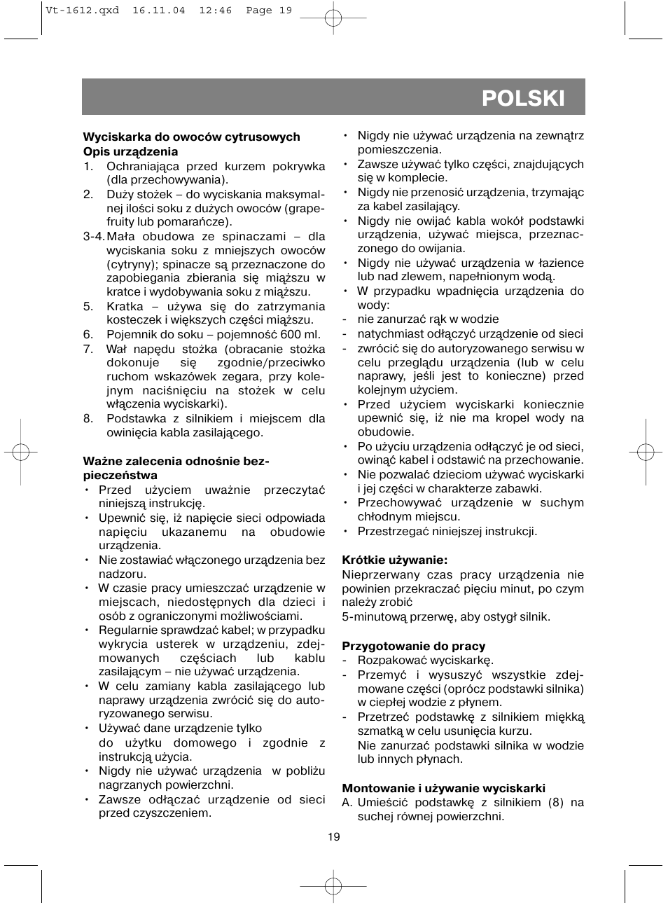 Polski | Vitek VT-1612 W User Manual | Page 22 / 32