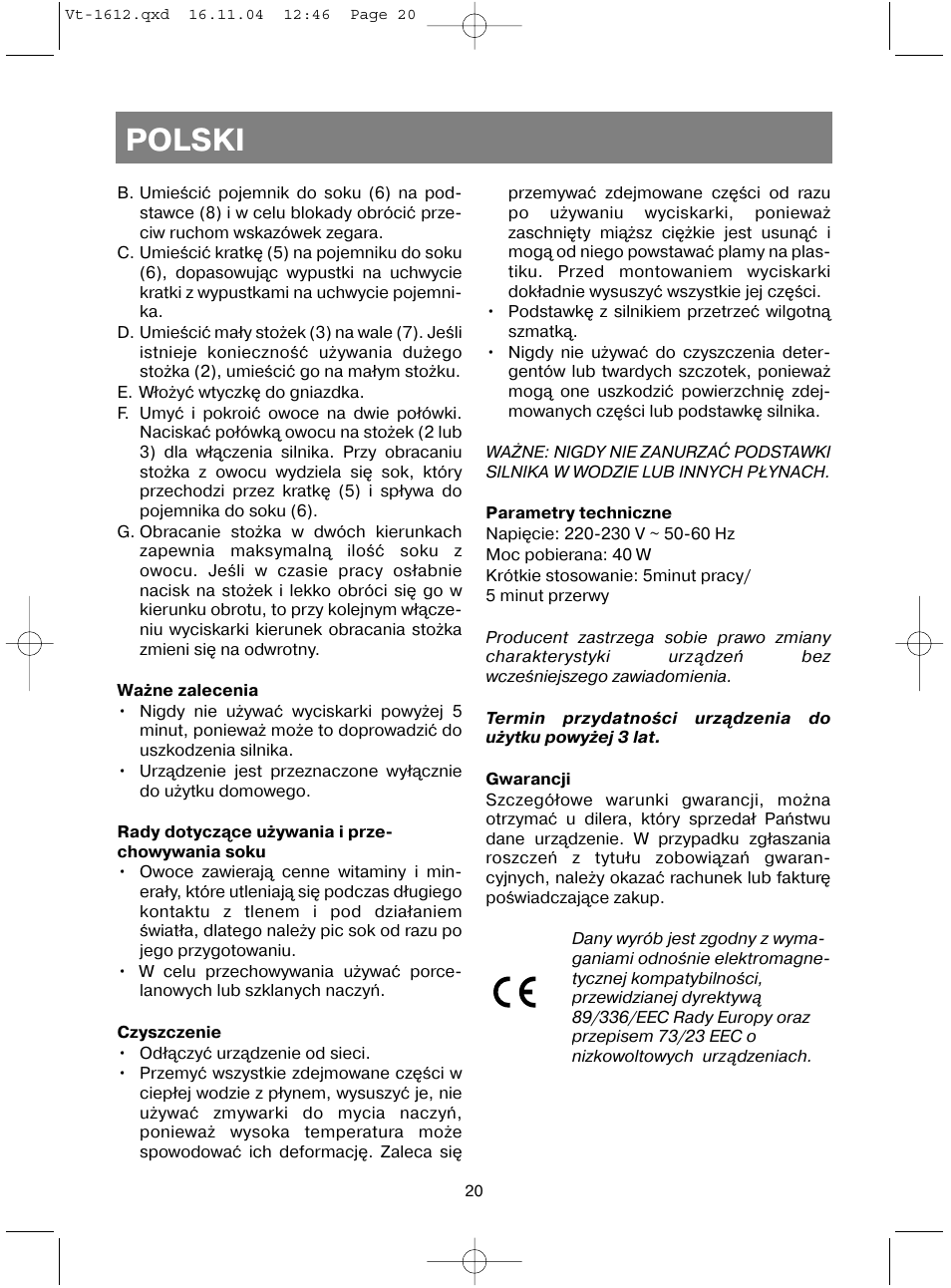 Polski | Vitek VT-1612 W User Manual | Page 23 / 32