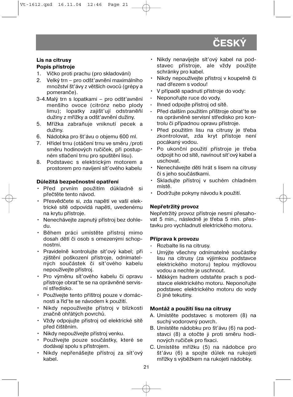 Èeský | Vitek VT-1612 W User Manual | Page 24 / 32