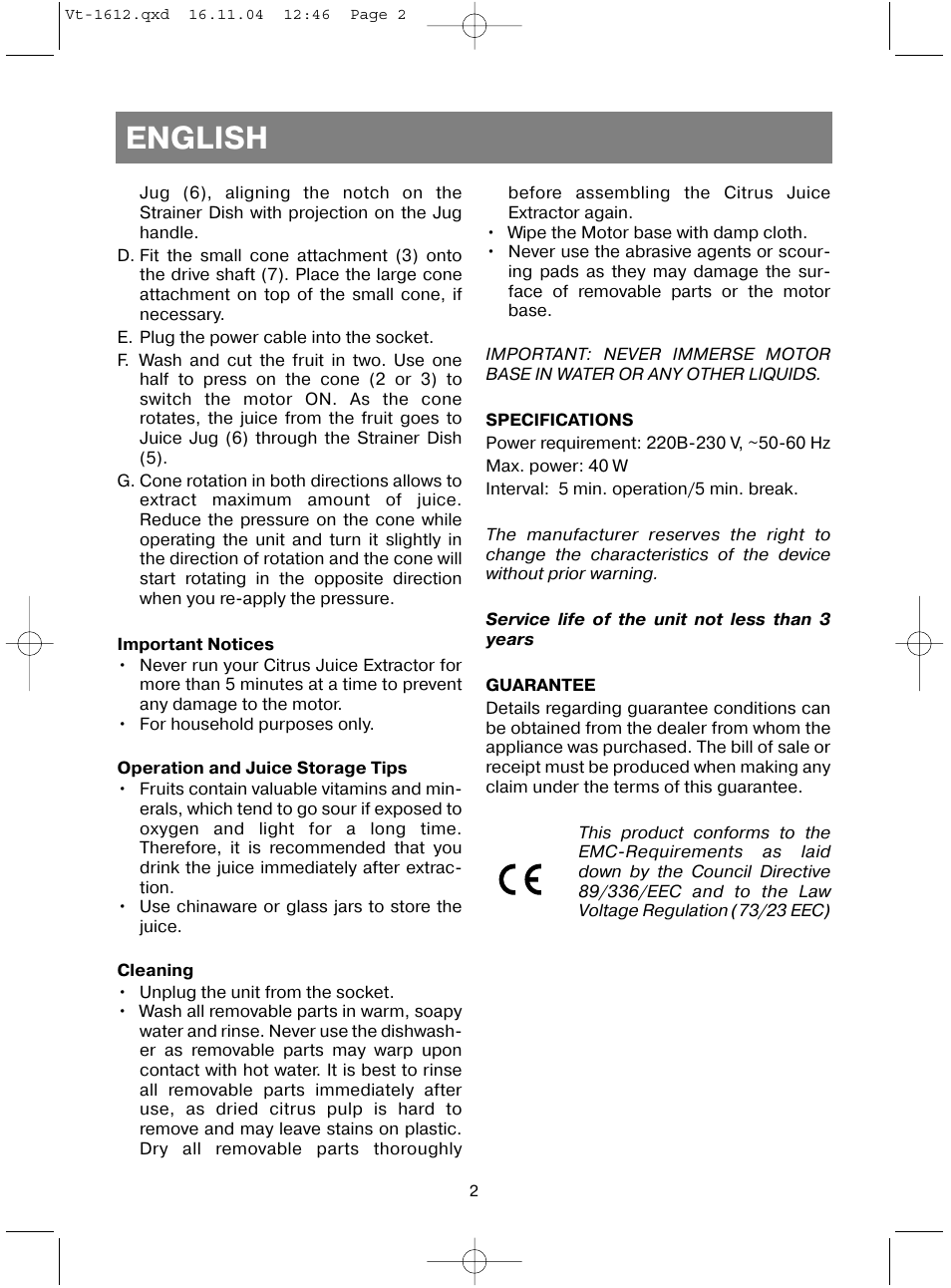 English | Vitek VT-1612 W User Manual | Page 5 / 32