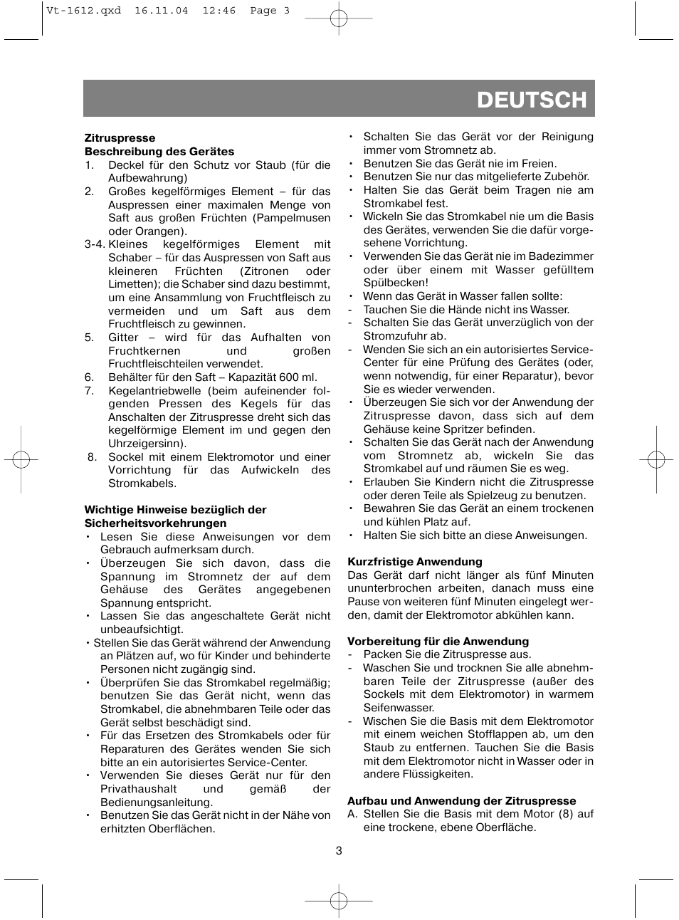 Deutsch | Vitek VT-1612 W User Manual | Page 6 / 32