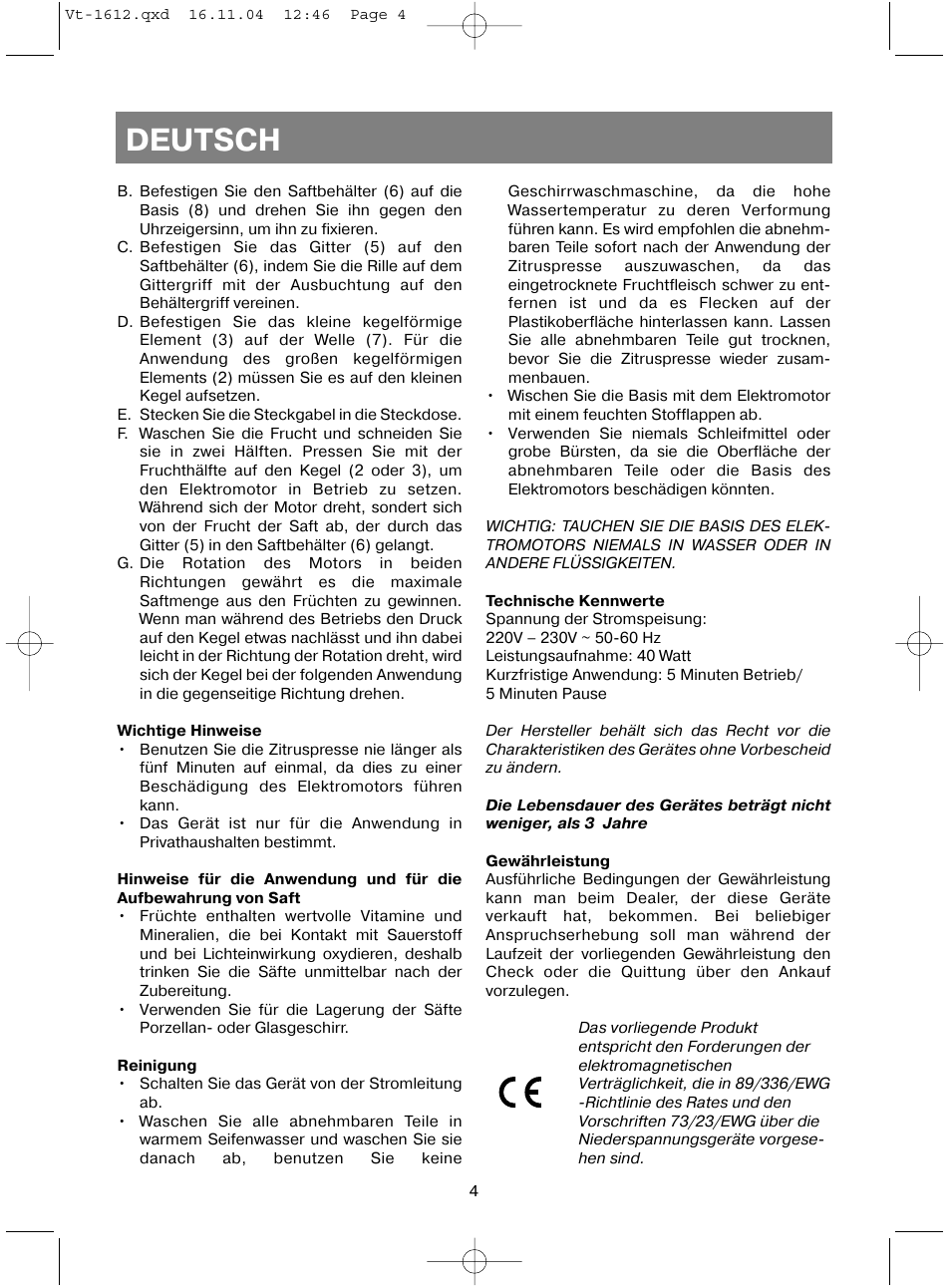 Deutsch | Vitek VT-1612 W User Manual | Page 7 / 32