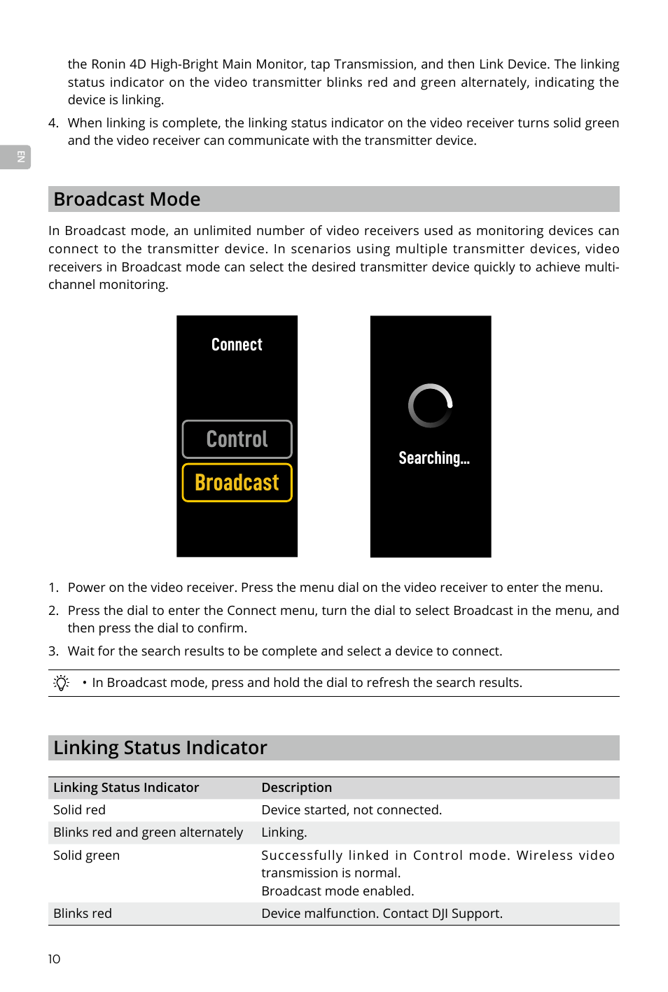 Control broadcast, Linking status indicator, Broadcast mode | Connect, Searching | DJI Transmission Standard TX/RX Combo User Manual | Page 10 / 133