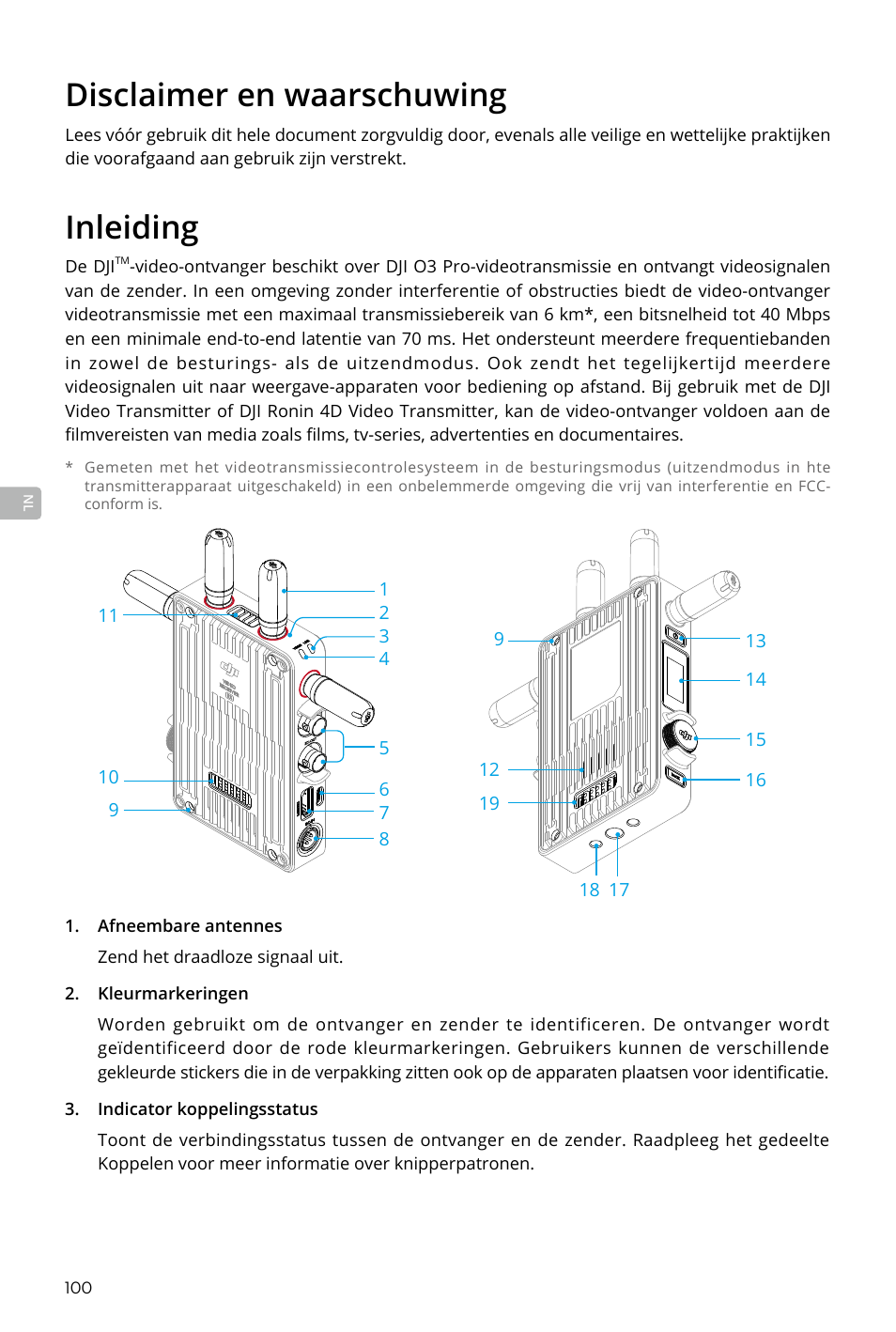 Disclaimer en waarschuwing, Inleiding, Inleiding 100 | DJI Transmission Standard TX/RX Combo User Manual | Page 100 / 133