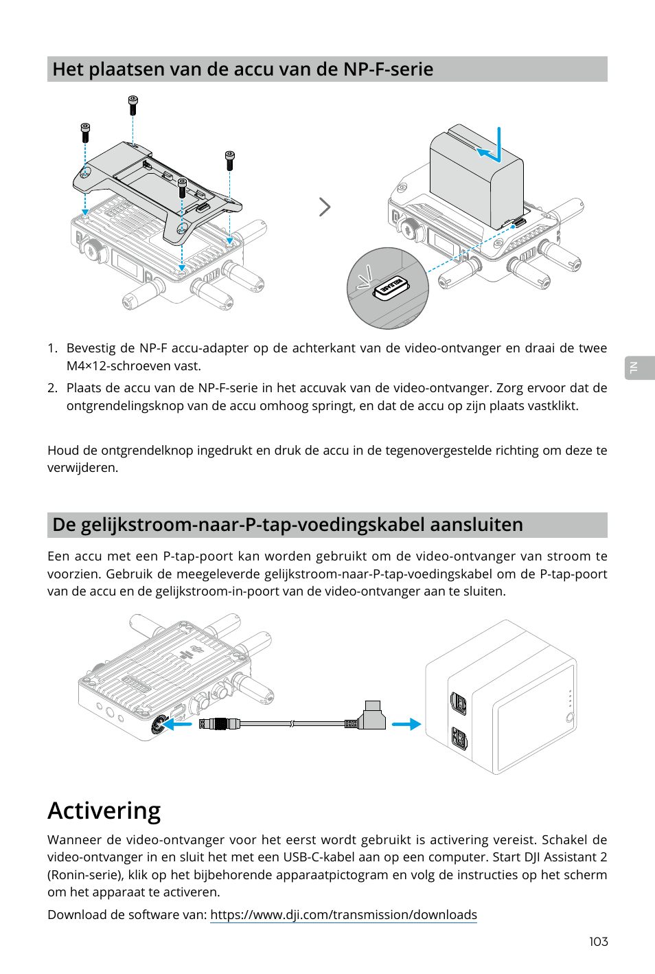 Activering, Activering 103, Het plaatsen van de accu van de np-f-serie | DJI Transmission Standard TX/RX Combo User Manual | Page 103 / 133