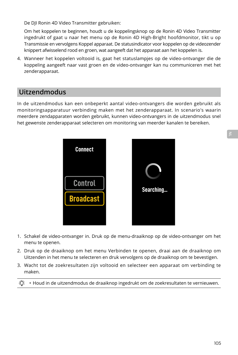Control broadcast, Uitzendmodus, Connect | Searching | DJI Transmission Standard TX/RX Combo User Manual | Page 105 / 133