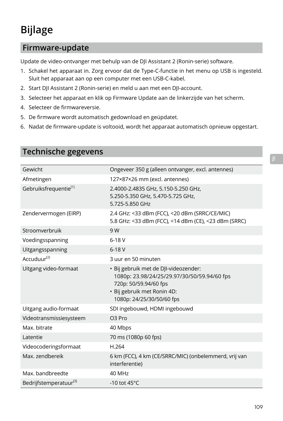 Bijlage, Bijlage 109, Firmware-update | Technische gegevens | DJI Transmission Standard TX/RX Combo User Manual | Page 109 / 133
