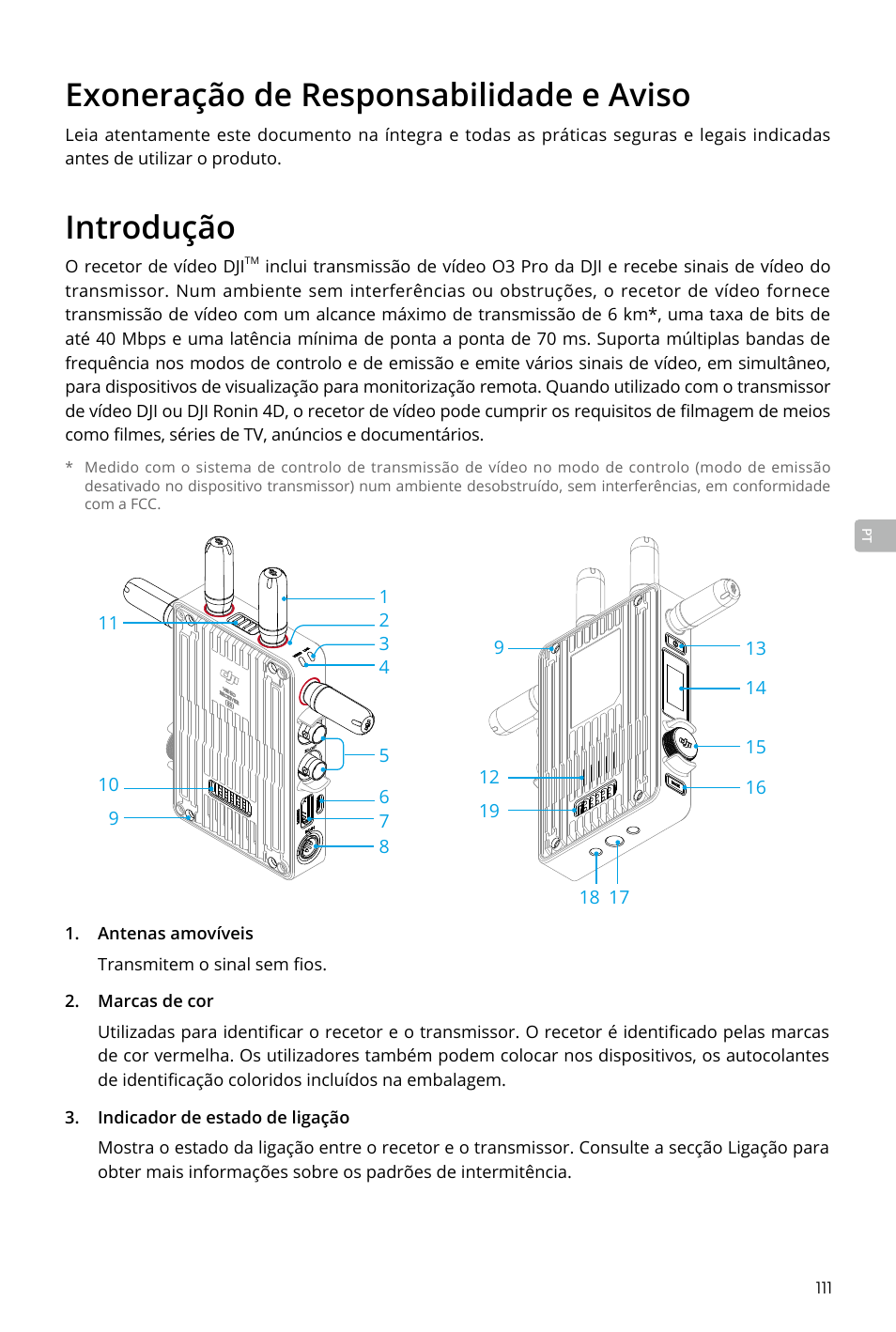 Exoneração de responsabilidade e aviso, Introdução, Introdução 111 | DJI Transmission Standard TX/RX Combo User Manual | Page 111 / 133