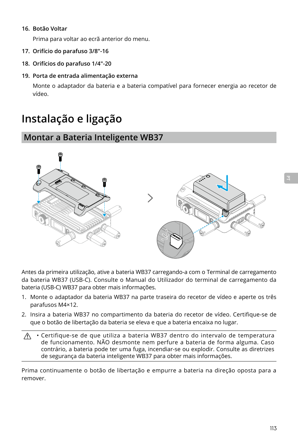 Instalação e ligação, Montar a bateria inteligente wb37 | DJI Transmission Standard TX/RX Combo User Manual | Page 113 / 133