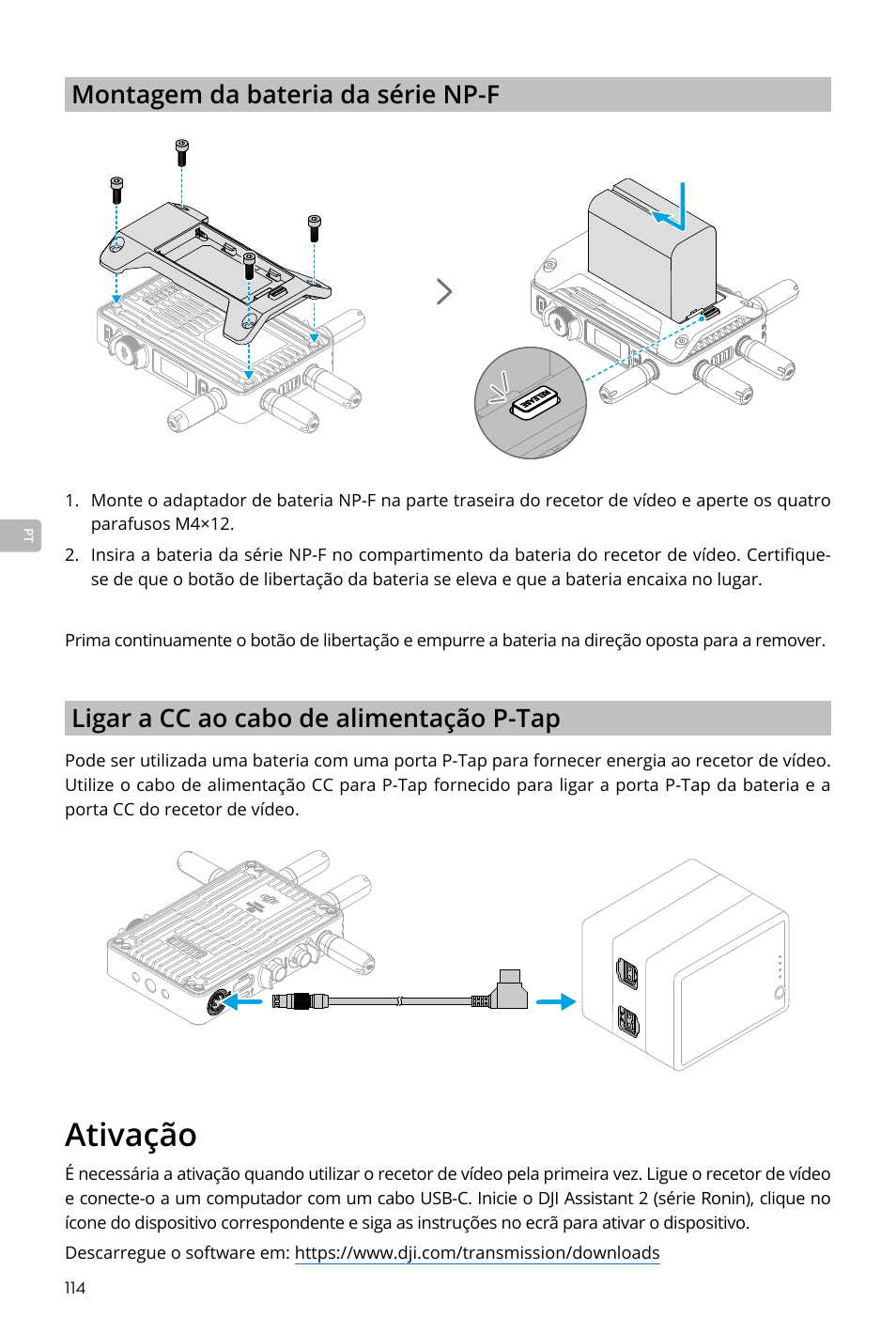 Ativação, Ativação 114, Ligar a cc ao cabo de alimentação p-tap | Montagem da bateria da série np-f | DJI Transmission Standard TX/RX Combo User Manual | Page 114 / 133