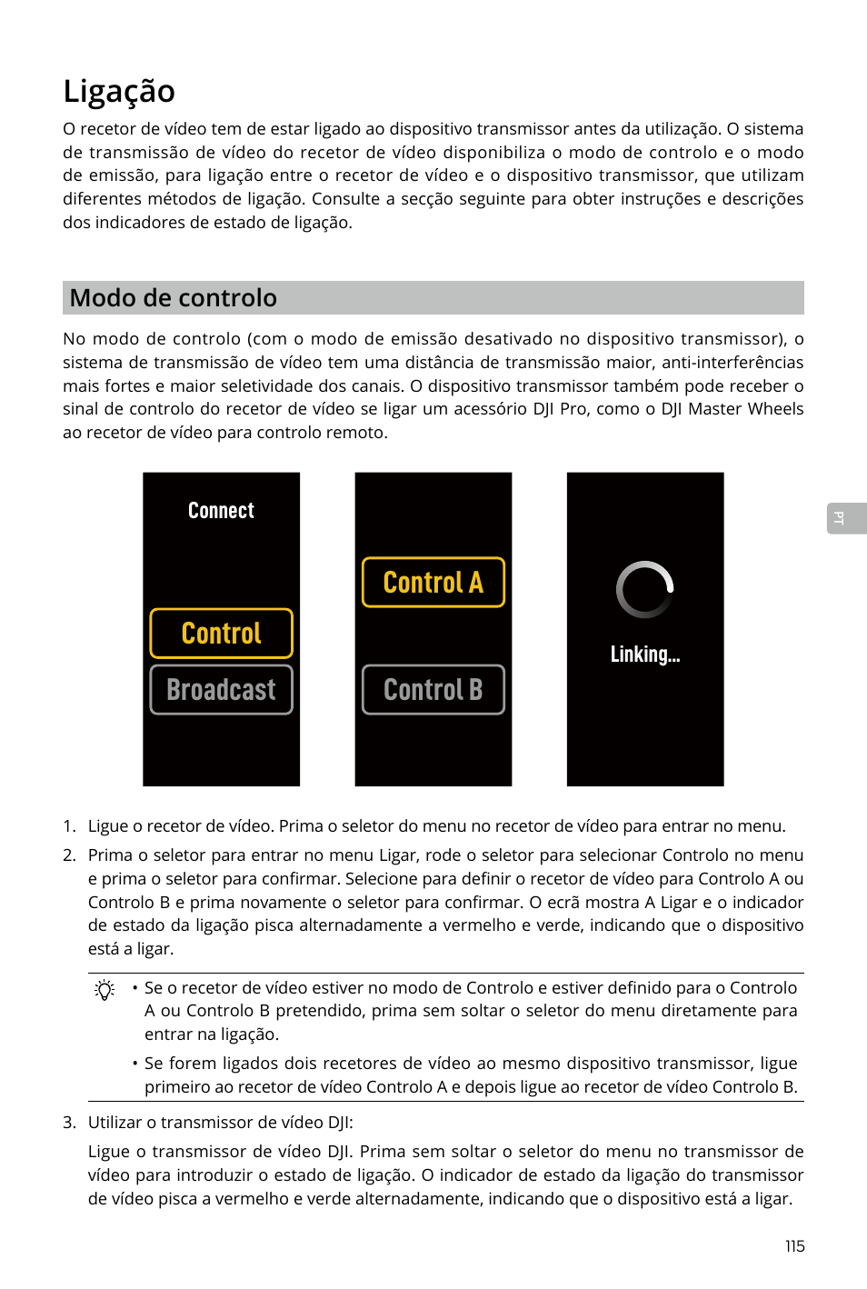 Ligação, Ligação 115, Control broadcast control a control b | DJI Transmission Standard TX/RX Combo User Manual | Page 115 / 133