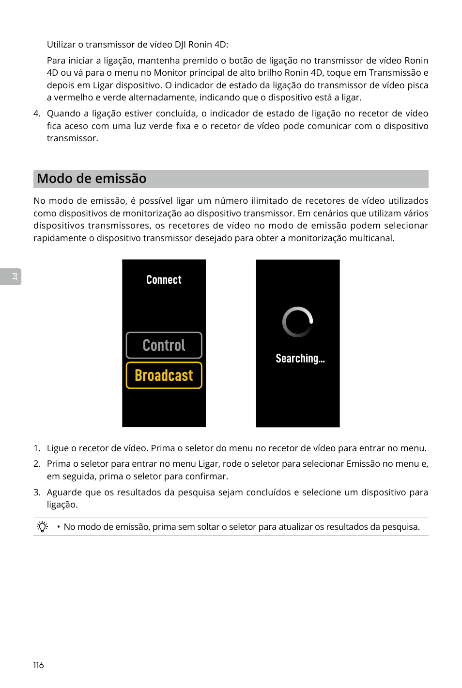 Control broadcast, Modo de emissão, Connect | Searching | DJI Transmission Standard TX/RX Combo User Manual | Page 116 / 133