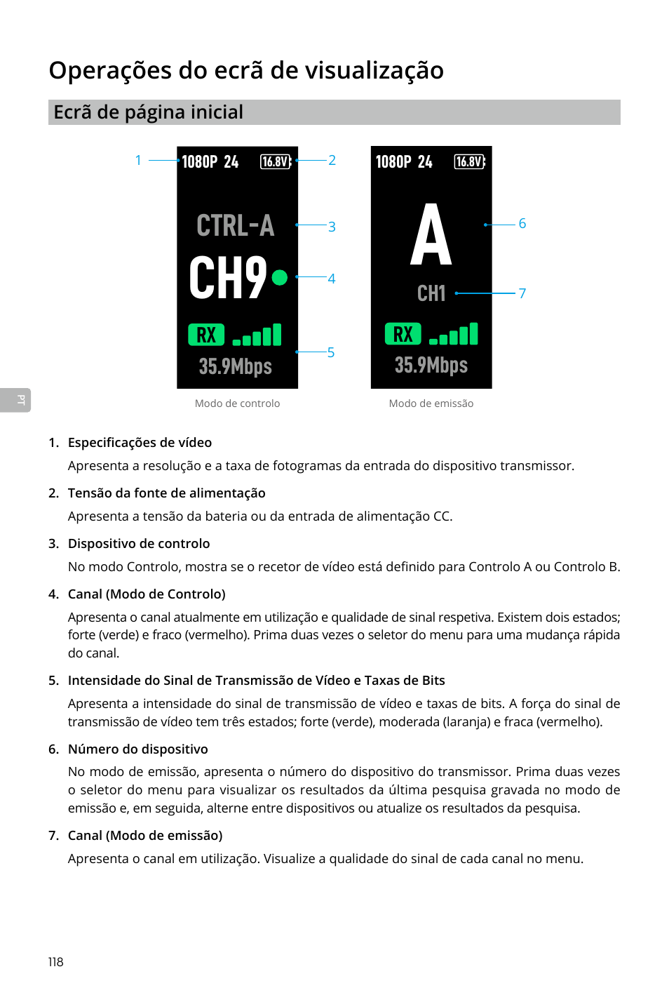 Operações do ecrã de visualização, Ctrl-a, 9mbps | DJI Transmission Standard TX/RX Combo User Manual | Page 118 / 133