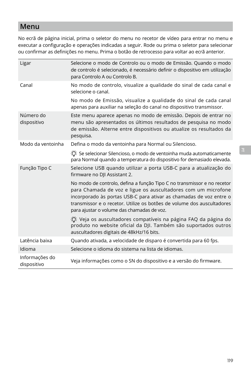 Menu | DJI Transmission Standard TX/RX Combo User Manual | Page 119 / 133