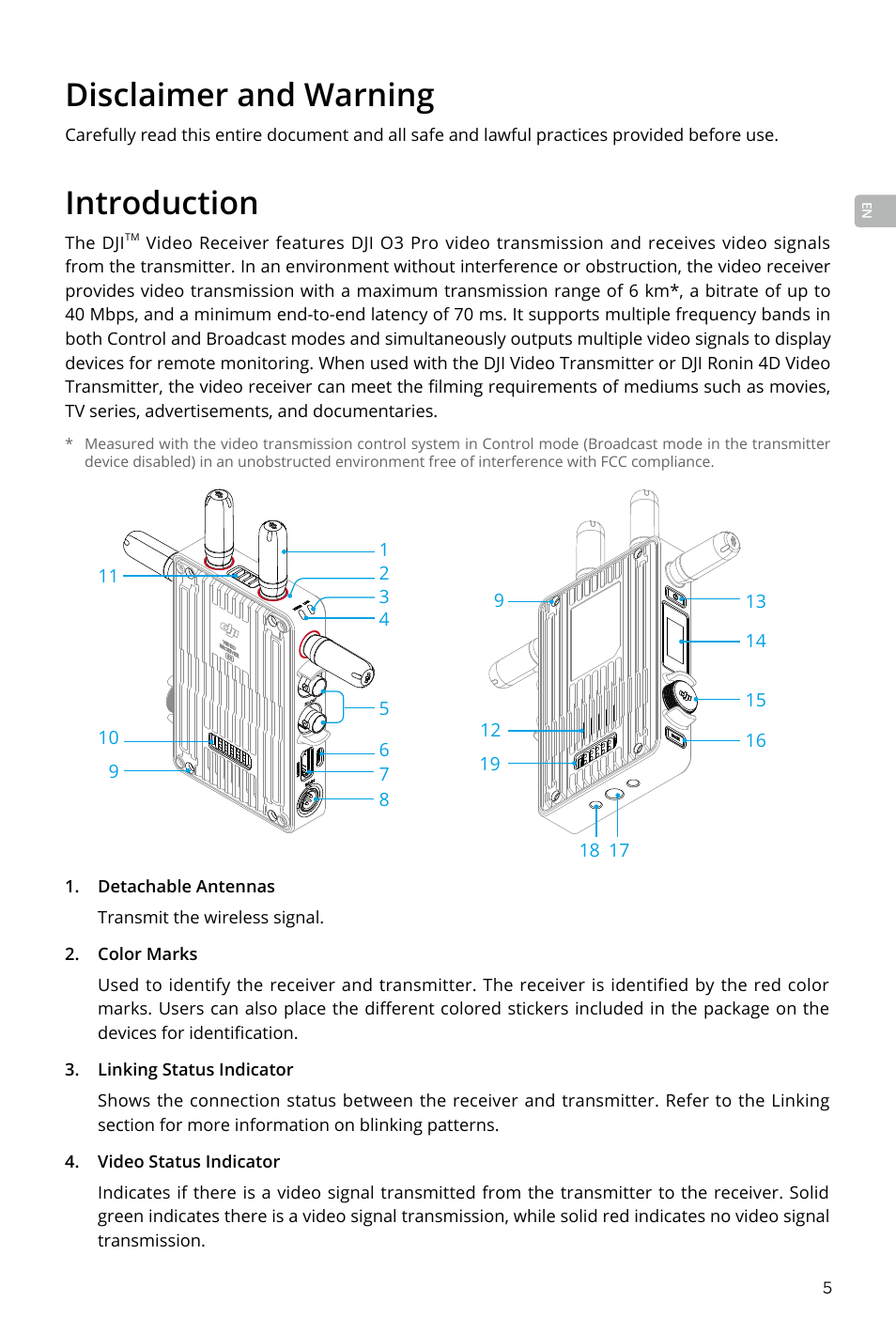 Disclaimer and warning, Introduction, Introduction 5 | DJI Transmission Standard TX/RX Combo User Manual | Page 5 / 133