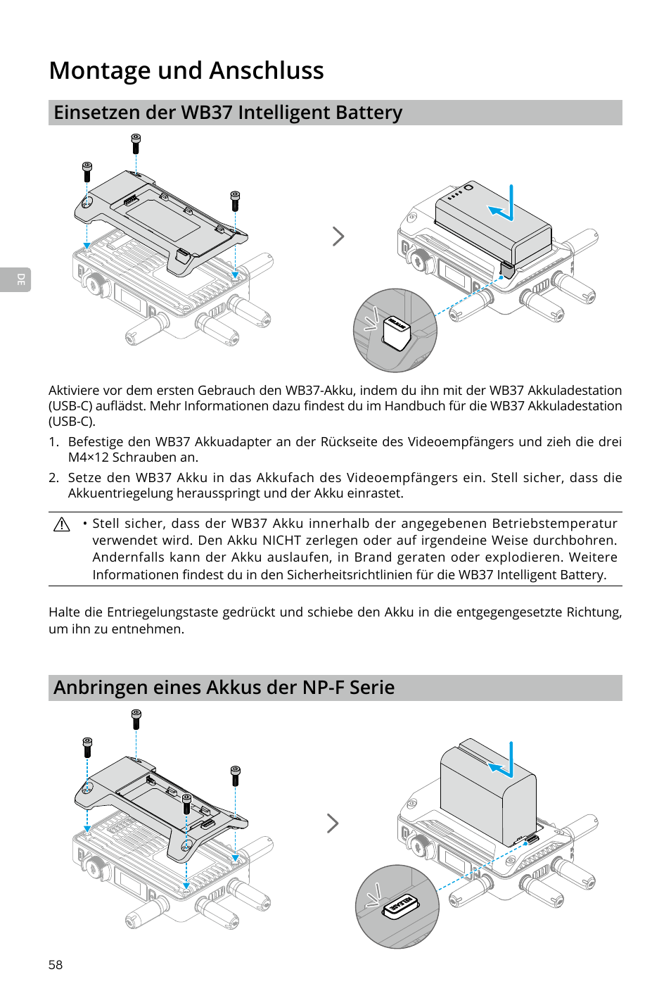 Montage und anschluss, Einsetzen der wb37 intelligent battery, Anbringen eines akkus der np-f serie | DJI Transmission Standard TX/RX Combo User Manual | Page 58 / 133
