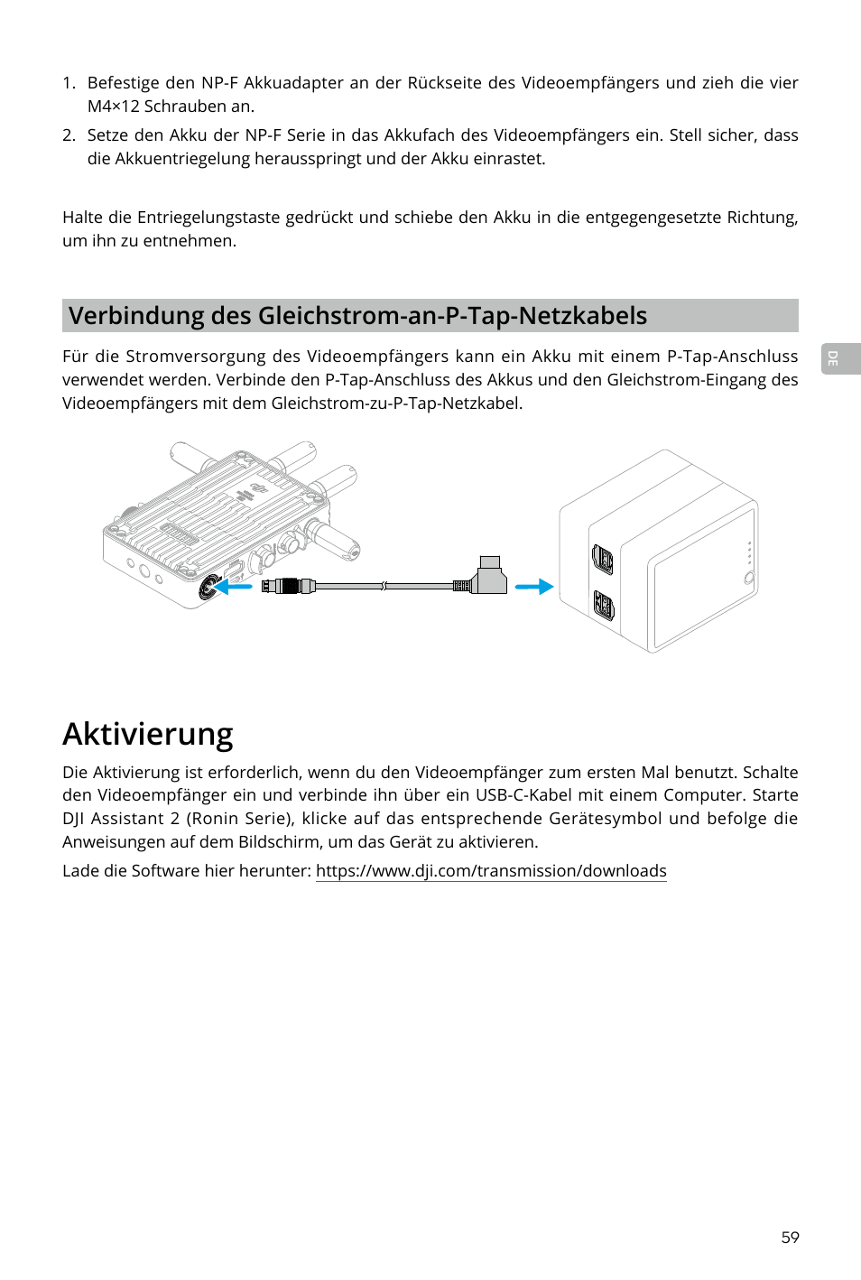 Aktivierung, Aktivierung 59, Verbindung des gleichstrom-an-p-tap-netzkabels | DJI Transmission Standard TX/RX Combo User Manual | Page 59 / 133