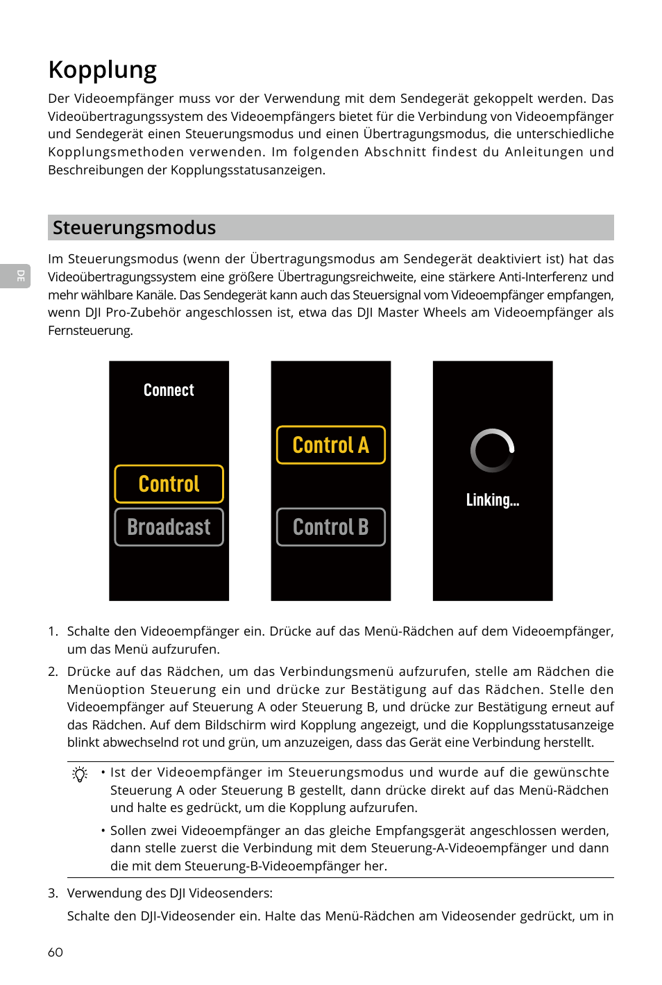 Kopplung, Kopplung 60, Control broadcast control a control b | Steuerungsmodus | DJI Transmission Standard TX/RX Combo User Manual | Page 60 / 133