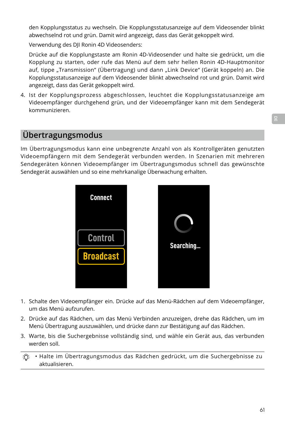 Control broadcast, Übertragungsmodus, Connect | Searching | DJI Transmission Standard TX/RX Combo User Manual | Page 61 / 133