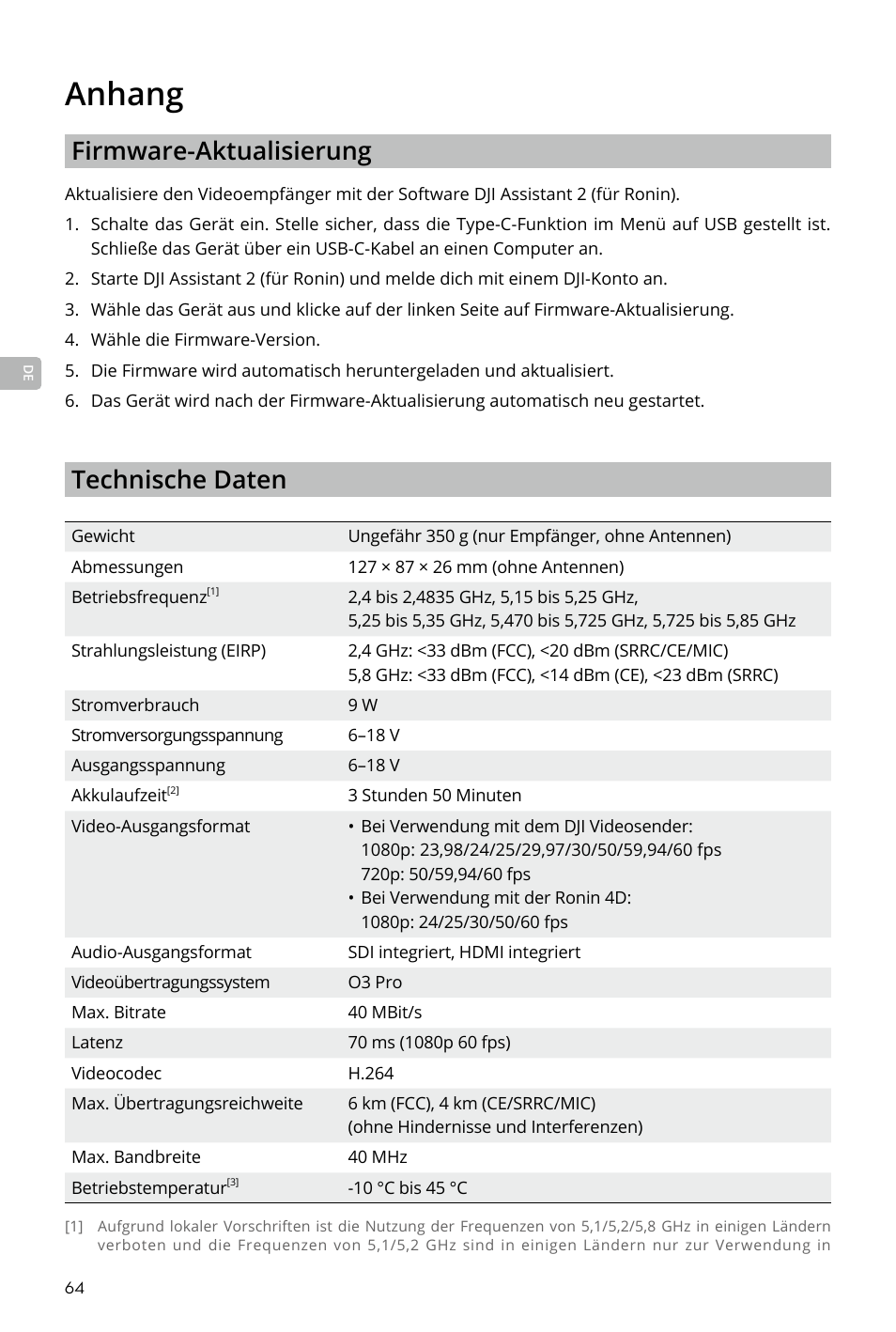 Anhang, Anhang 64, Firmware-aktualisierung | Technische daten | DJI Transmission Standard TX/RX Combo User Manual | Page 64 / 133