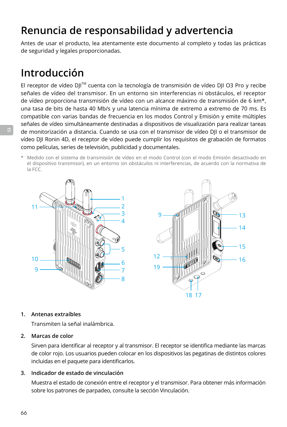 Renuncia de responsabilidad y advertencia, Introducción, Introducción 66 | DJI Transmission Standard TX/RX Combo User Manual | Page 66 / 133