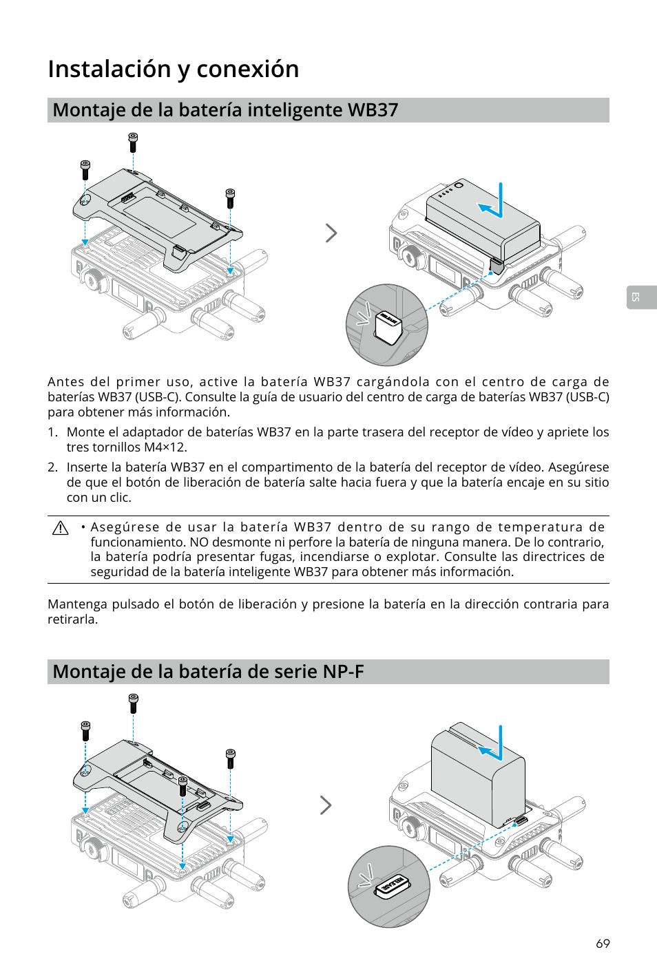 Instalación y conexión, Montaje de la batería inteligente wb37, Montaje de la batería de serie np-f | DJI Transmission Standard TX/RX Combo User Manual | Page 69 / 133