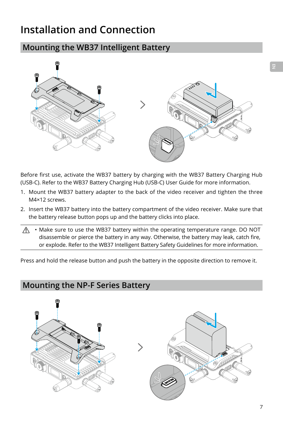 Installation and connection, Mounting the wb37 intelligent battery, Mounting the np-f series battery | DJI Transmission Standard TX/RX Combo User Manual | Page 7 / 133