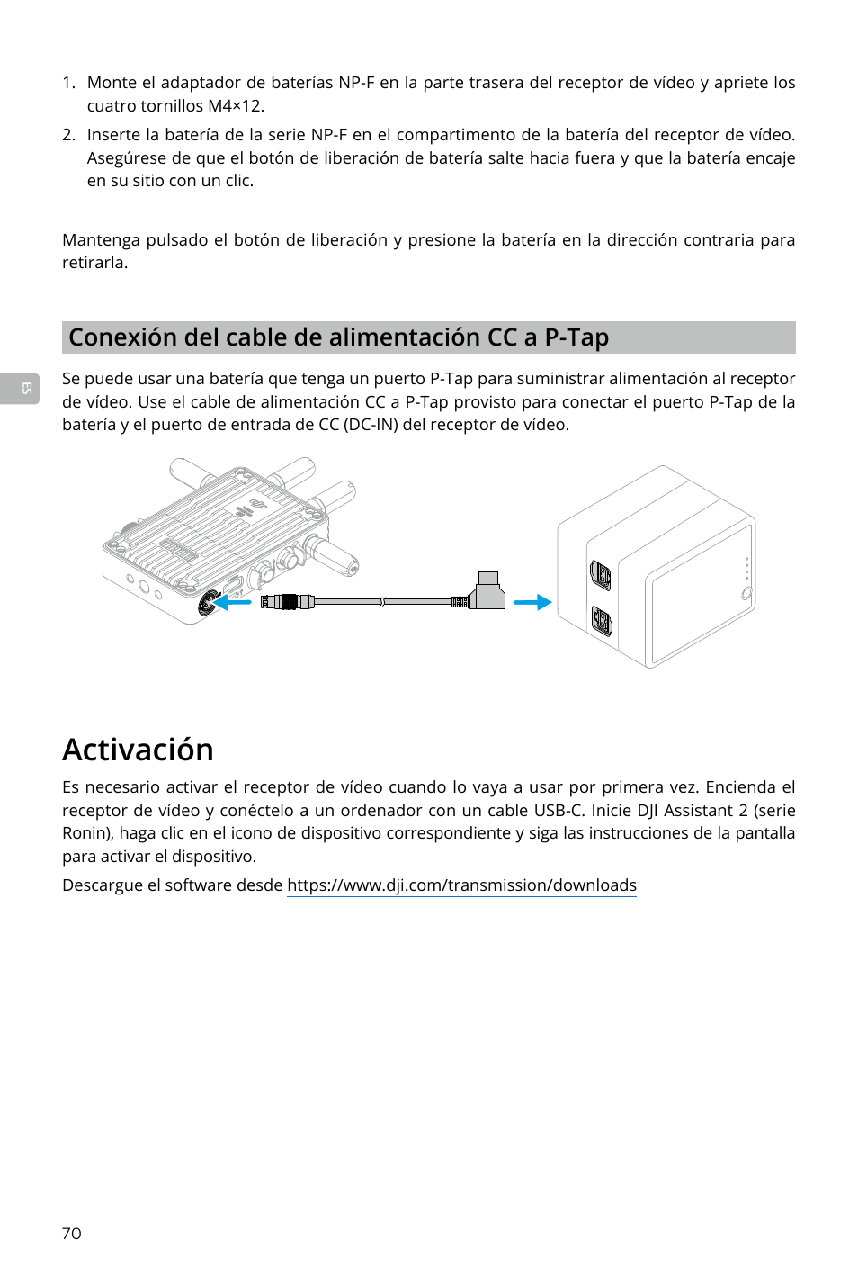 Activación, Activación 70, Conexión del cable de alimentación cc a p-tap | DJI Transmission Standard TX/RX Combo User Manual | Page 70 / 133