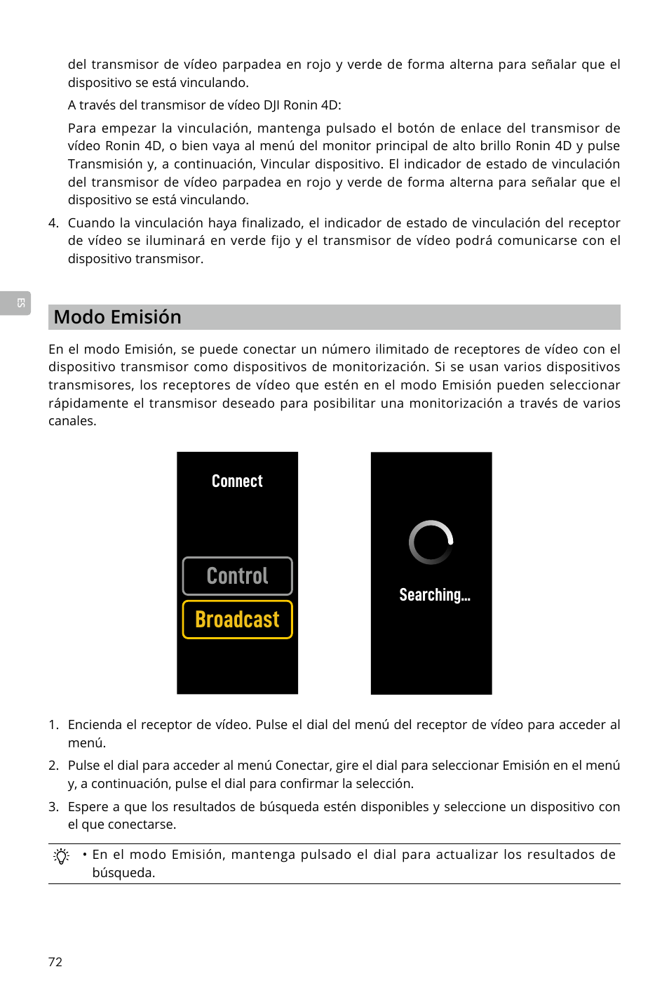 Control broadcast, Modo emisión, Connect | Searching | DJI Transmission Standard TX/RX Combo User Manual | Page 72 / 133