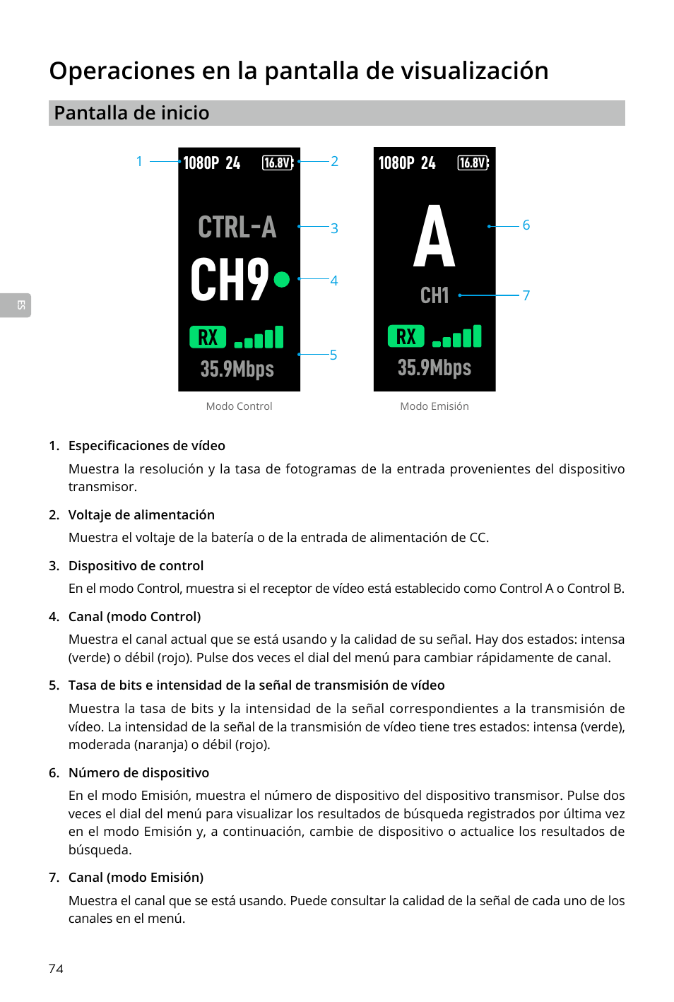 Operaciones en la pantalla de visualización, Ctrl-a, 9mbps | DJI Transmission Standard TX/RX Combo User Manual | Page 74 / 133