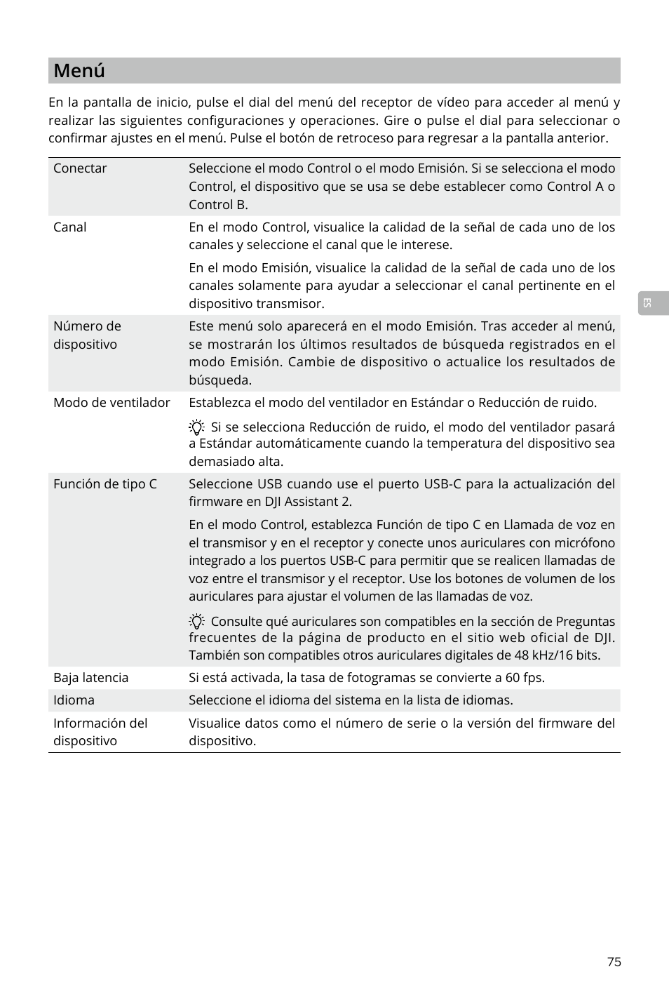 Menú | DJI Transmission Standard TX/RX Combo User Manual | Page 75 / 133