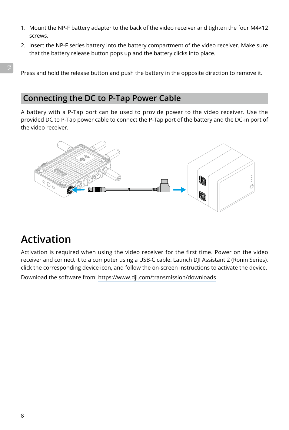 Activation, Activation 8, Connecting the dc to p-tap power cable | DJI Transmission Standard TX/RX Combo User Manual | Page 8 / 133