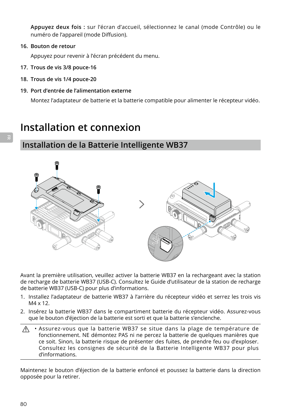 Installation et connexion, Installation de la batterie intelligente wb37 | DJI Transmission Standard TX/RX Combo User Manual | Page 80 / 133