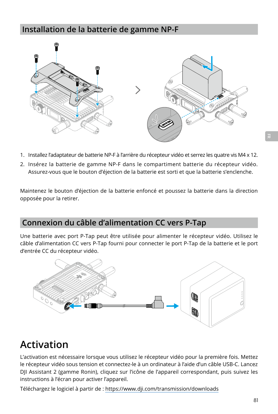 Activation, Activation 81, Installation de la batterie de gamme np-f | Connexion du câble d’alimentation cc vers p-tap | DJI Transmission Standard TX/RX Combo User Manual | Page 81 / 133