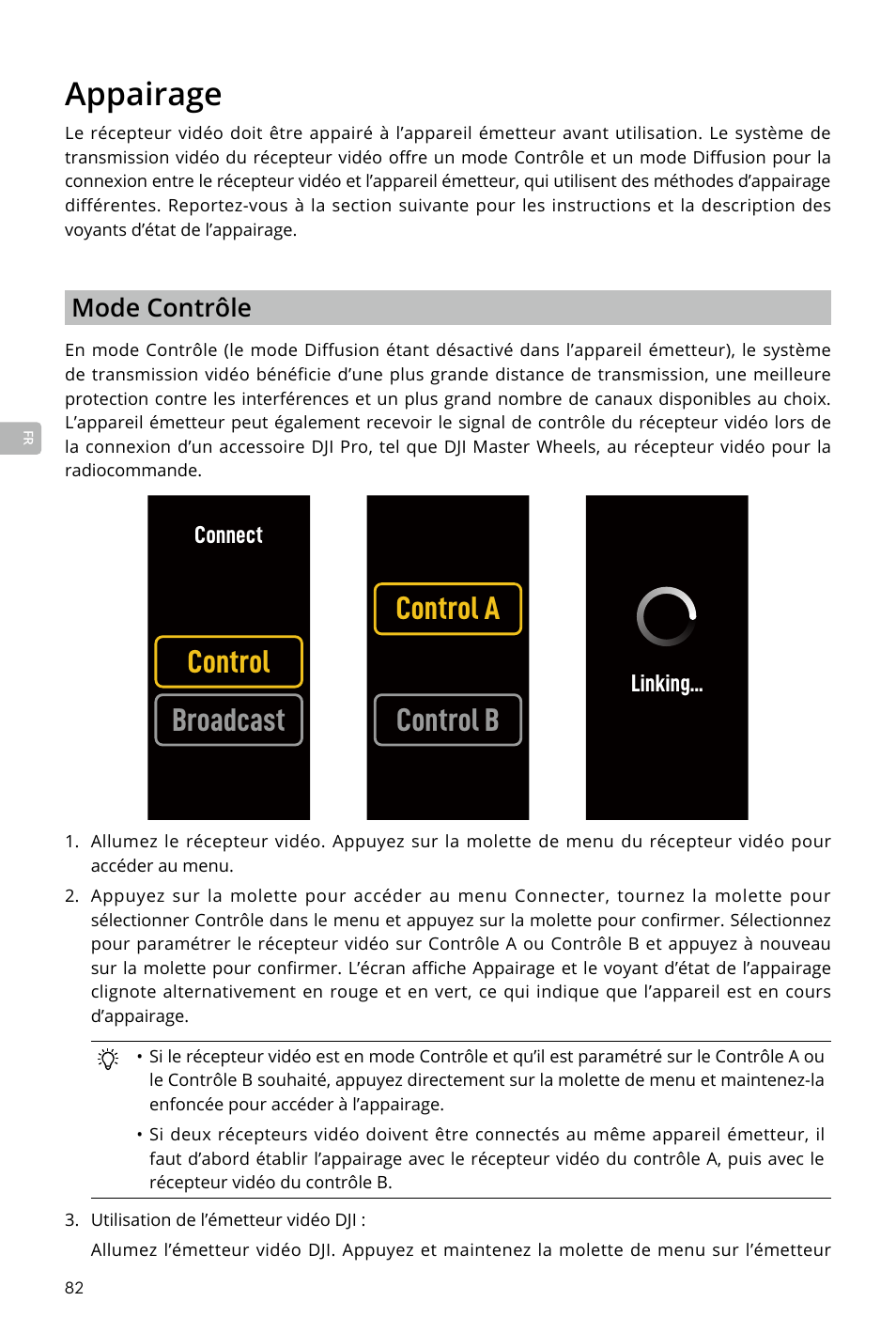 Appairage, Appairage 82, Control broadcast control a control b | Mode contrôle | DJI Transmission Standard TX/RX Combo User Manual | Page 82 / 133