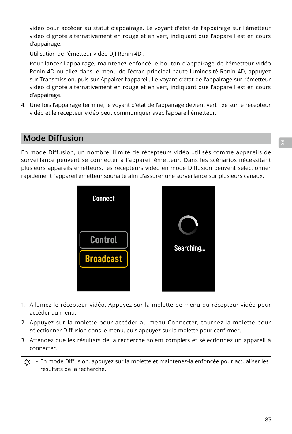 Control broadcast, Mode diffusion, Connect | Searching | DJI Transmission Standard TX/RX Combo User Manual | Page 83 / 133