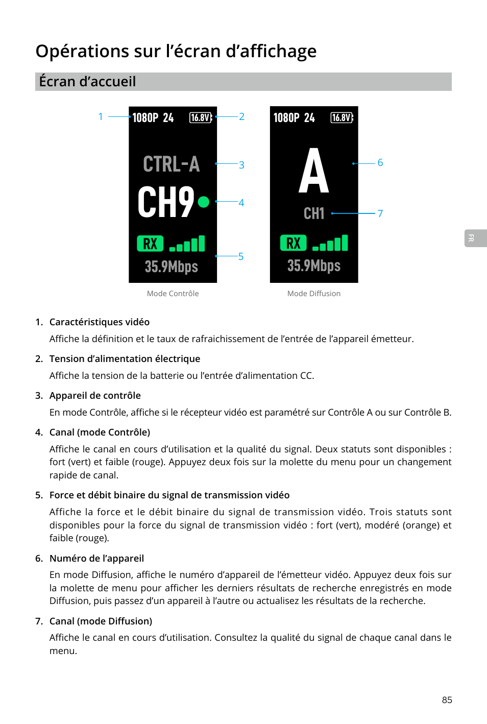 Opérations sur l’écran d’affichage, Ctrl-a, 9mbps | DJI Transmission Standard TX/RX Combo User Manual | Page 85 / 133